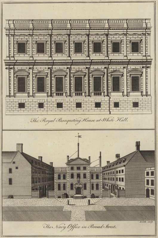 Das königliche Banketthaus in Whitehall und das Marineamt in Broad Street, London von English School