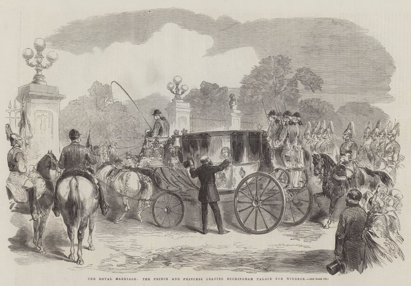 Die königliche Hochzeit, der Prinz und die Prinzessin verlassen den Buckingham Palace nach Windsor (Gravur) von English School