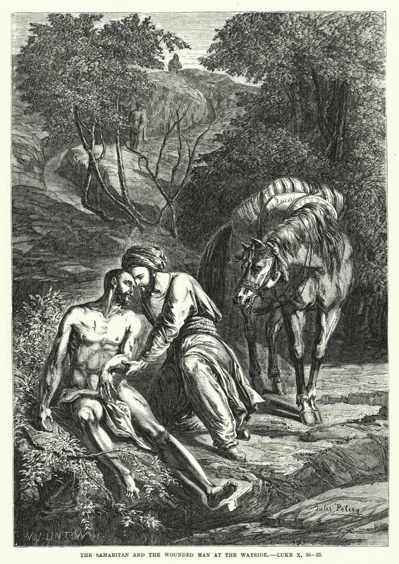 Der Samariter und der verwundete Mann am Wegesrand, Lukas X, 30-35 (Gravur) von English School