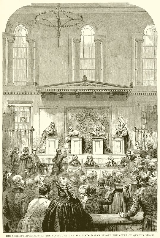 Die Sheriffs erscheinen in der Obhut des Serjeant-at-Arms vor dem Gericht der Königinnenbank von English School