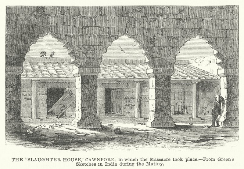 Das "Schlachthaus," Cawnpore, in dem das Massaker stattfand von English School