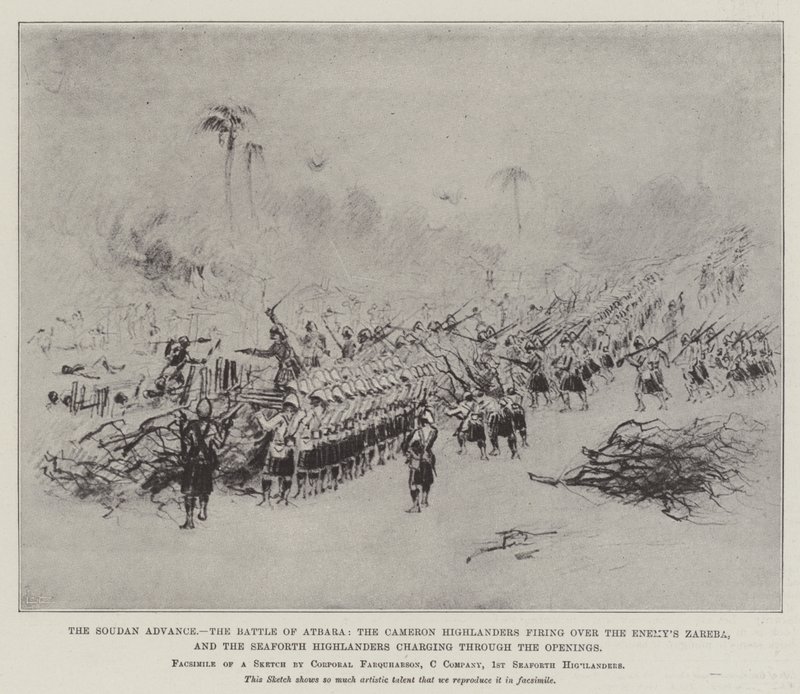 Der Vormarsch im Sudan, die Schlacht von Atbara, die Cameron Highlanders feuern über die Zareba des Feindes, und die Seaforth Highlanders stürmen durch die Öffnungen von English School