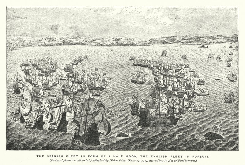 Die spanische Flotte in Form eines Halbmondes, die englische Flotte in Verfolgung von English School