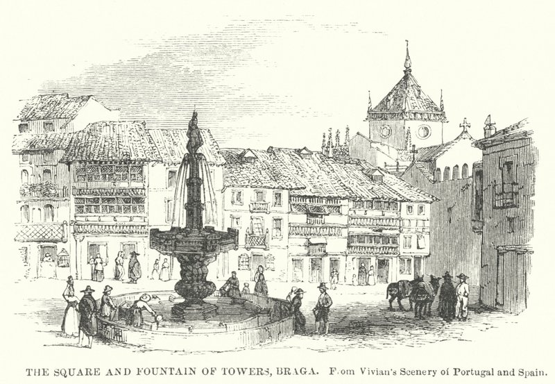 Der Platz und der Brunnen der Türme, Braga (Gravur) von English School