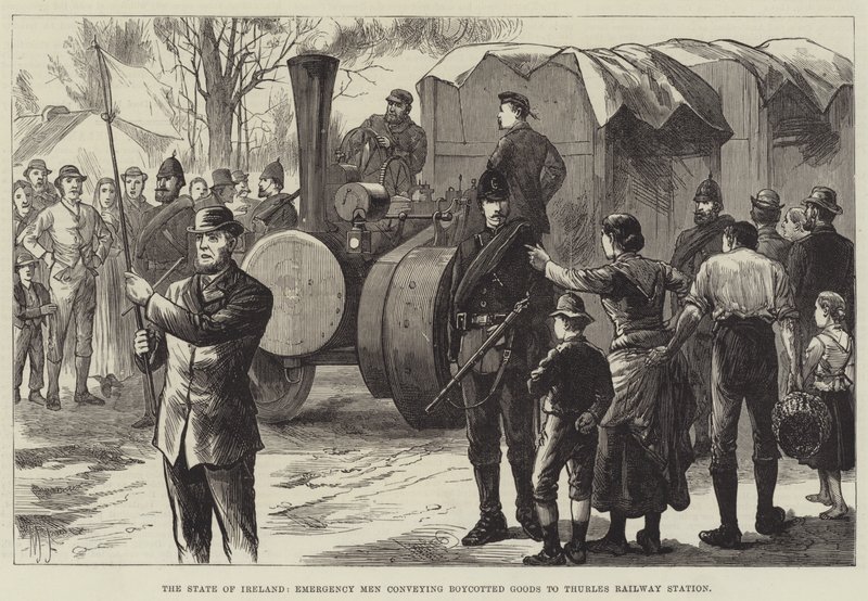 Der Zustand Irlands, Notfallmänner transportieren boykottierte Waren zum Bahnhof Thurles (Gravur) von English School