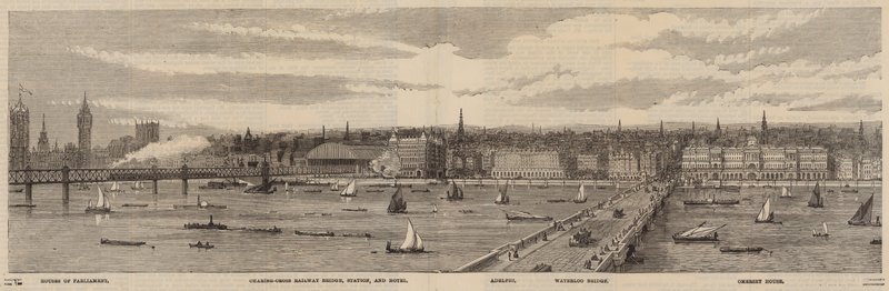 Die Themse-Uferpromenade auf der Nordseite der Themse vom Palace of Westminster bis zur Blackfriars Bridge von English School