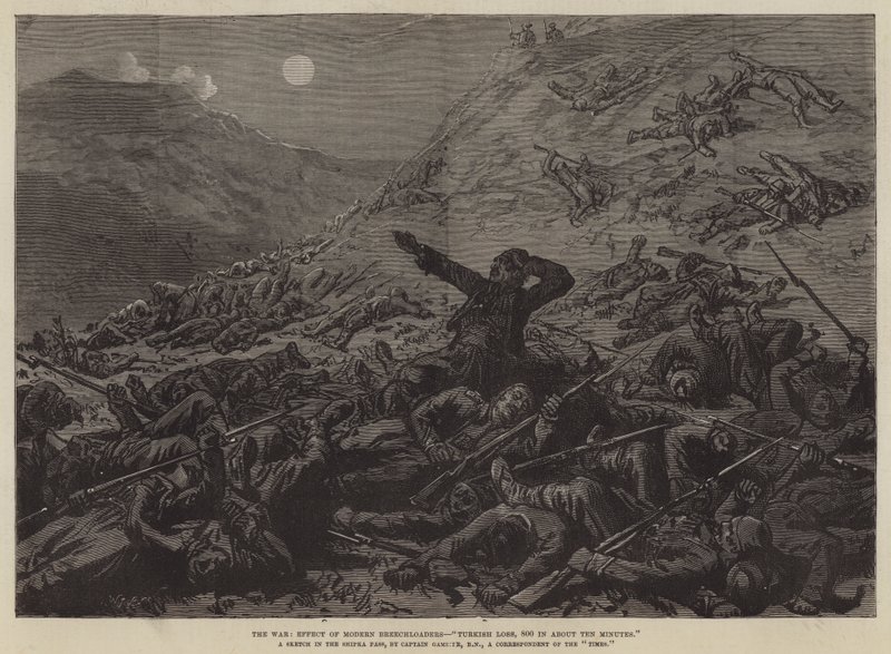 Der Krieg, Wirkung moderner Hinterlader, "Türkischer Verlust, 800 in etwa zehn Minuten" (Stich) von English School
