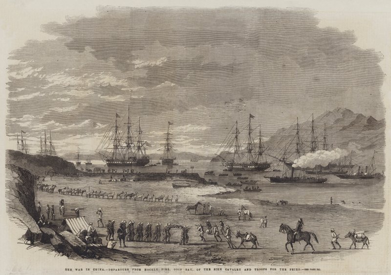 Der Krieg in China, Abfahrt der Sikh-Kavallerie und Truppen von Hockly Pier, Odin Bay, zum Peiho (Gravur) von English School