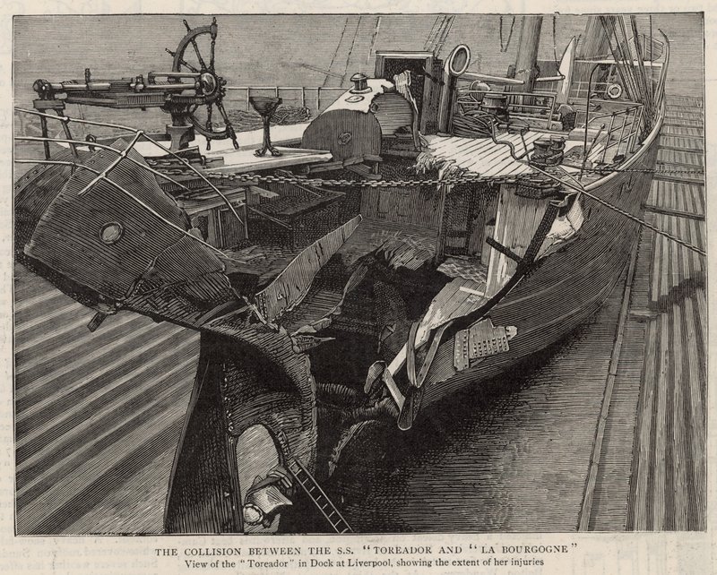 Die Kollision zwischen der SS Toreador und La Bourgogne; Ansicht der Toreador im Dock in Liverpool von English School