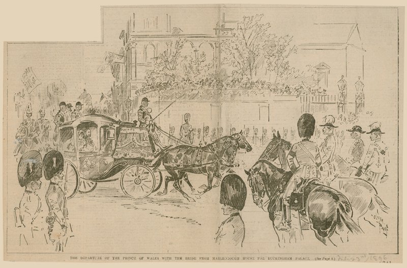 Die Abreise des Prinzen von Wales mit der Braut vom Marlborough House zum Buckingham Palace, 23. Juli 1896 von English School