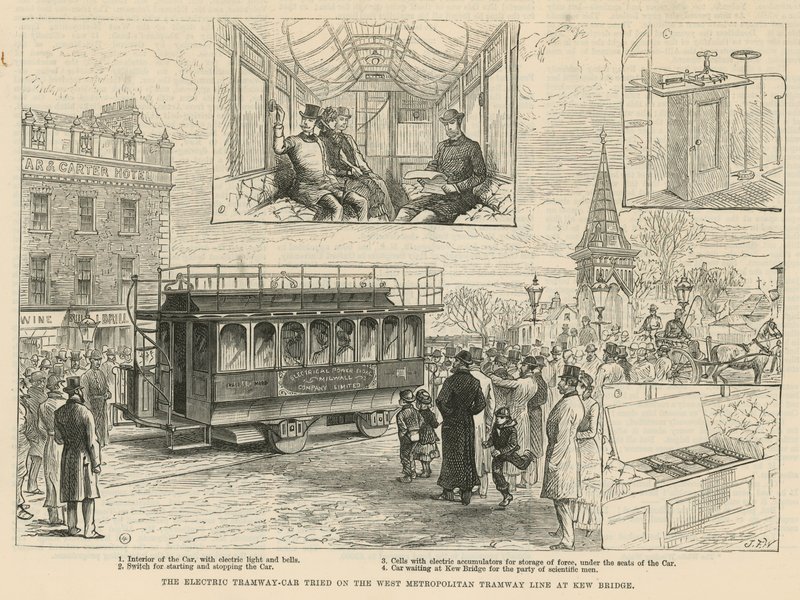 Der elektrische Straßenbahnwagen, getestet auf der West Metropolitan Straßenbahnlinie an der Kew Bridge von English School