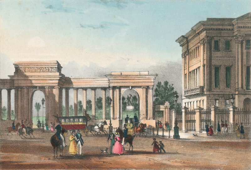 Der Eingang zum Hyde Park von Piccadilly mit dem Westflügel des Apsley House von English School