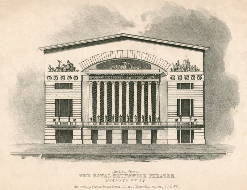 Die Vorderansicht des Königlichen Brunswick Theaters, Goodmans Fields, London von English School
