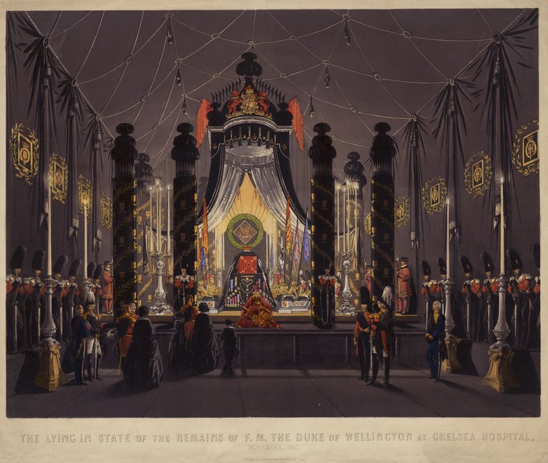 Aufbahrung der Überreste von F M Der Herzog von Wellington im Chelsea Hospital, November 1852 (kolorierte Gravur) von English School