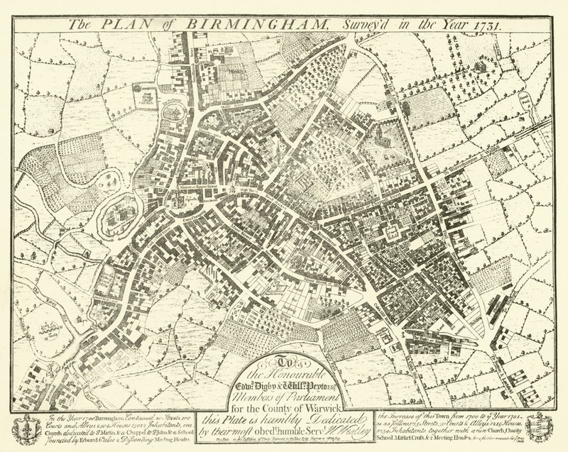 Plan von Birmingham, vermessen im Jahr 1731 von English School