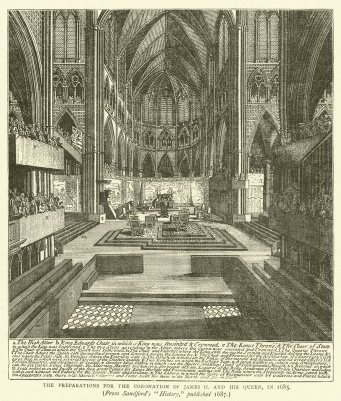 Die Vorbereitungen zur Krönung von James II und seiner Königin im Jahr 1685, aus Sandfords "History," veröffentlicht 1687 von English School