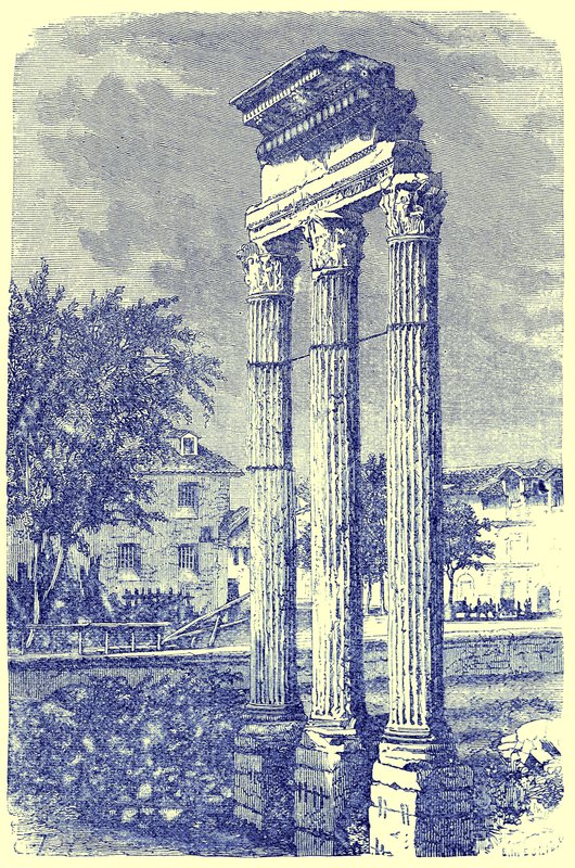Die drei Säulen am Tempel des Castor, Illustration aus Geschichte Roms von Victor Duruy, veröffentlicht 1884 von English School