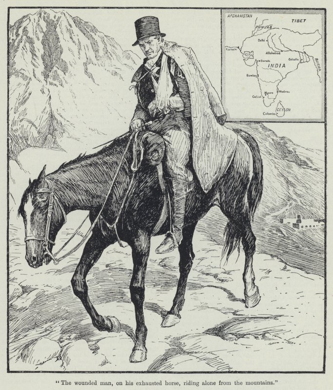 "Der verwundete Mann, auf seinem erschöpften Pferd, reitet allein aus den Bergen" (Lithografie) von English School