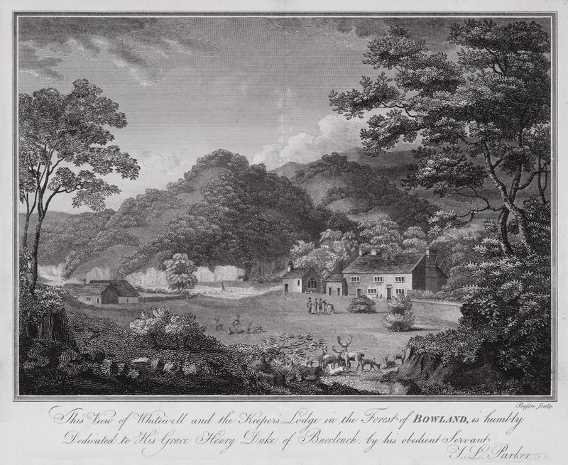 Diese Ansicht von Whitewell und der Hütte des Försters im Wald von Bowland ist demütig Seiner Gnaden Henry Duke of Buccleuch gewidmet, von seinem gehorsamen Diener J L Parker (Gravur) von English School