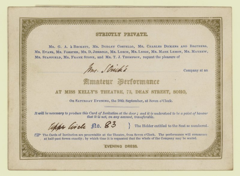 Eintrittskarte für Charles Dickens Amateurtheateraufführung, 1845 von English School