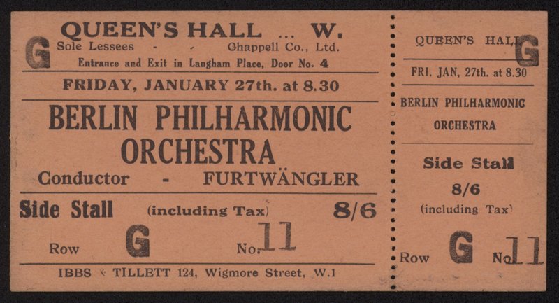 Eintrittskarte zu einem Konzert des Berliner Philharmonischen Orchesters, Queens Hall, London, Freitag, 27. Januar 1928 von English School