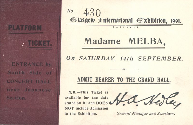Eintrittskarte für Nellie Melba bei der Glasgow International Exhibition, 1901 von English School