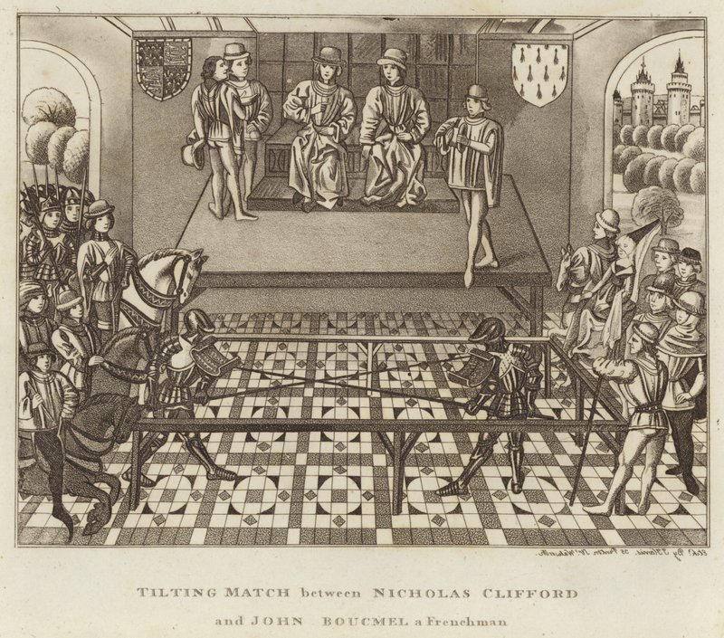 Turnierkampf zwischen Nicholas Clifford und John Boucmel, einem Franzosen von English School