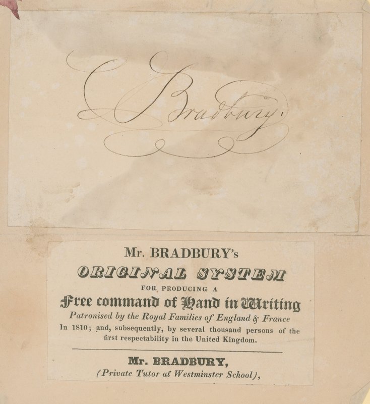 Werbekarte für Mr. Bradburys Originalsystem zur Erzeugung einer freien Handführung beim Schreiben von English School