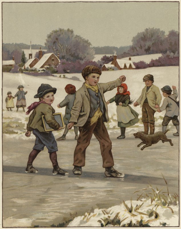 Zwei Jungen laufen auf einem zugefrorenen See Schlittschuh von English School