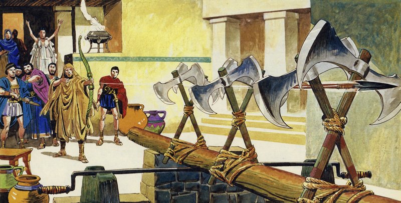 Odysseus spannte den Bogen und schoss einen Pfeil durch die engen Räume zwischen den Axtköpfen von English School