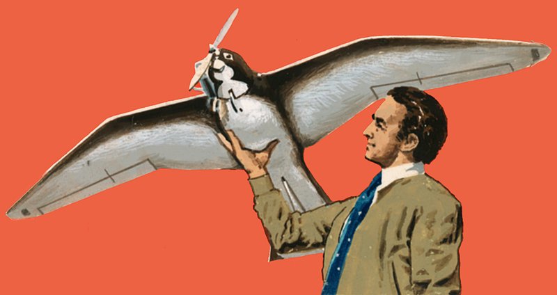 Unidentifizierter Mann mit flugzeugförmigem Vogel mit Propeller von English School