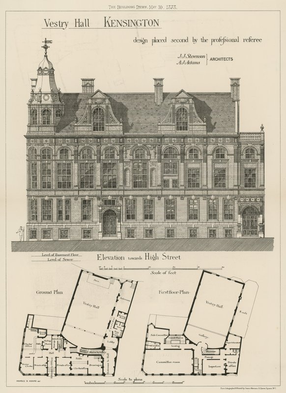 Vestry Hall, Kensington, Entwurf, der vom professionellen Schiedsrichter den zweiten Platz erhielt von English School
