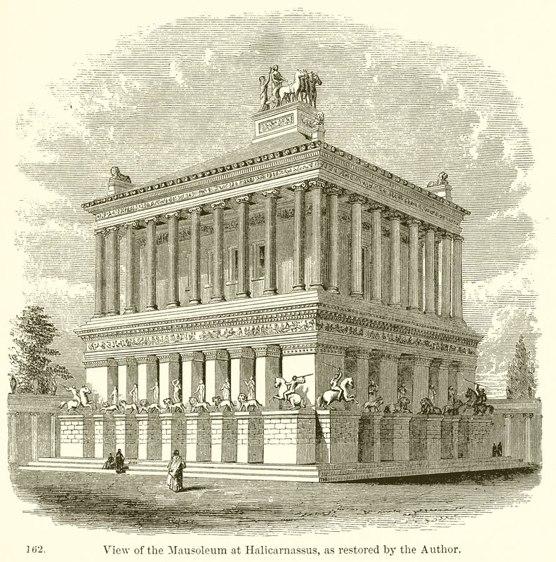 Ansicht des Mausoleums von Halikarnassos, wie vom Autor restauriert von English School