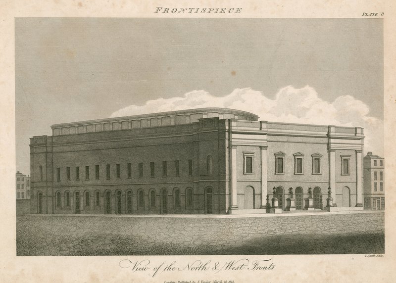 Ansicht der Nord- und Westfronten des Drury Lane Theatre, London von English School