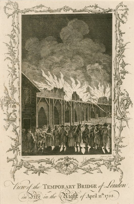 Ansicht der provisorischen Brücke von London, die in der Nacht des 11. April 1758 brannte von English School
