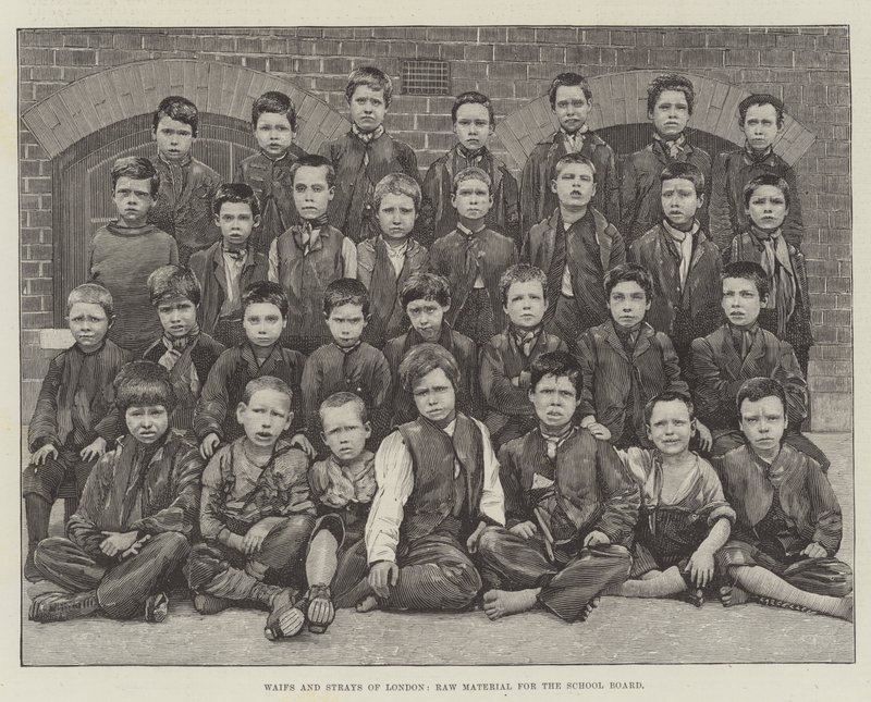 Streuner und Findelkinder von London, Rohmaterial für den Schulvorstand (Gravur) von English School