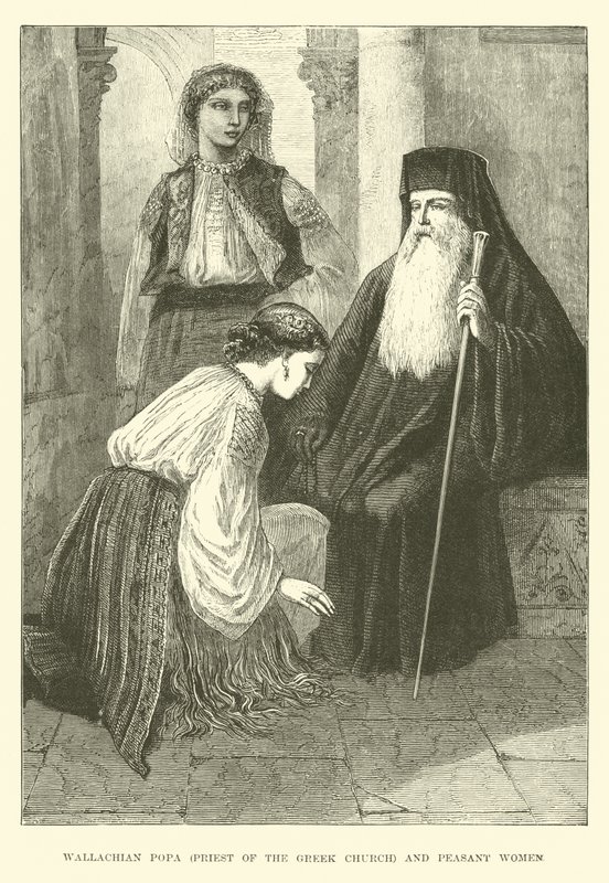 Walachischer Popa, Priester der griechischen Kirche, und Bäuerinnen von English School