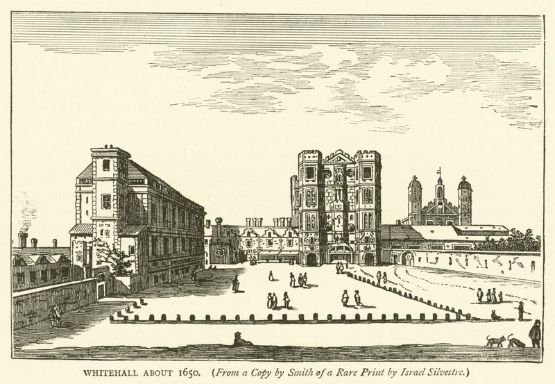 Whitehall um 1650, aus einer Kopie von Smith nach einem seltenen Druck von Israel Silvestre von English School