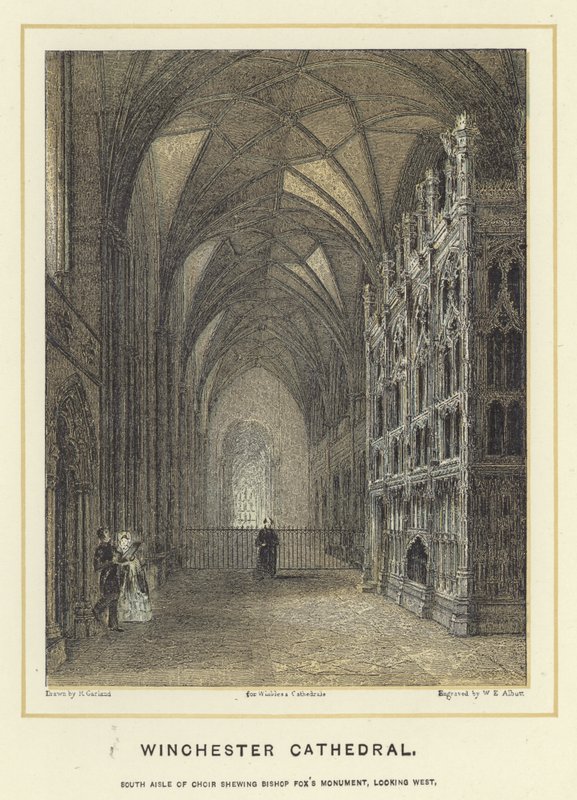 Kathedrale von Winchester, Südgang des Chors mit dem Denkmal von Bischof Fox, Blick nach Westen von English School