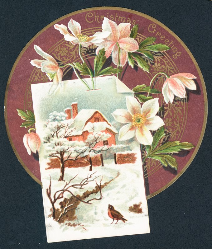 Winterszene mit Hütte und Rotkehlchen, Weihnachtskarte von English School