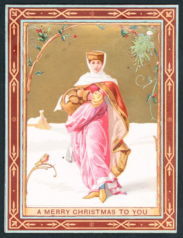Frau trägt Korb im Schnee, Weihnachtskarte von English School
