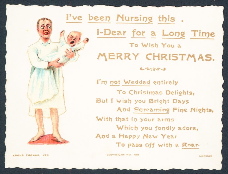 Frau hält schreiendes Baby, Weihnachtskarte von English School