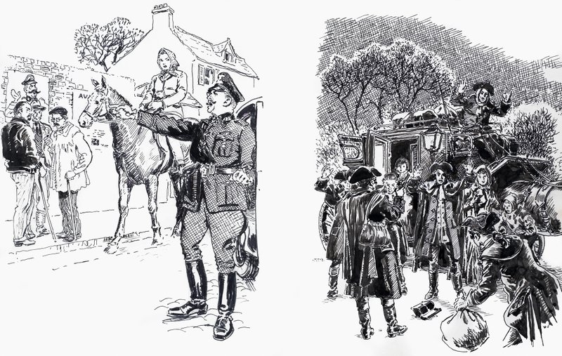 Frau auf Pferd mit Offizier und Straßenräuber von English School