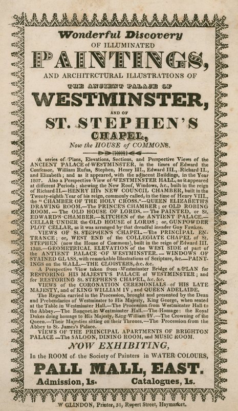 Wunderbare Entdeckung von beleuchteten Gemälden und architektonischen Illustrationen des alten Palastes von Westminster und der St. Stephens Kapelle, jetzt das Unterhaus von English School