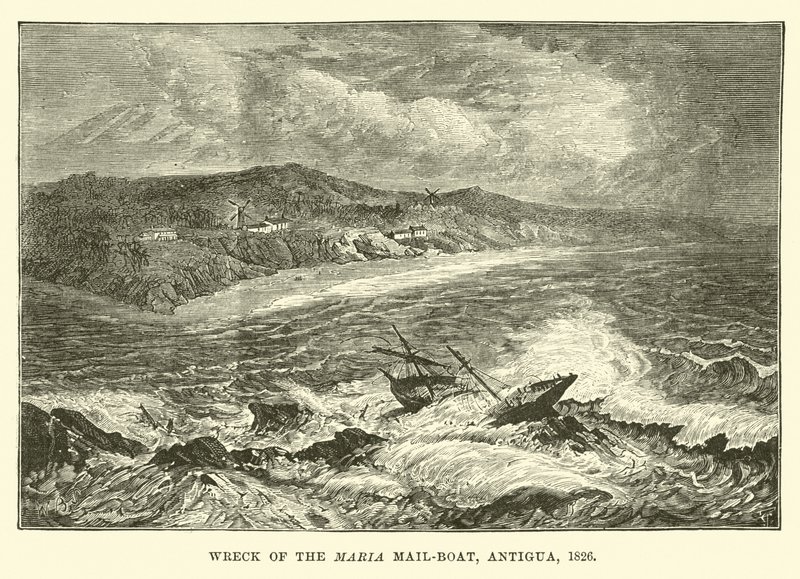 Schiffbruch der Maria Mail-Boat, Antigua, 1826 von English School