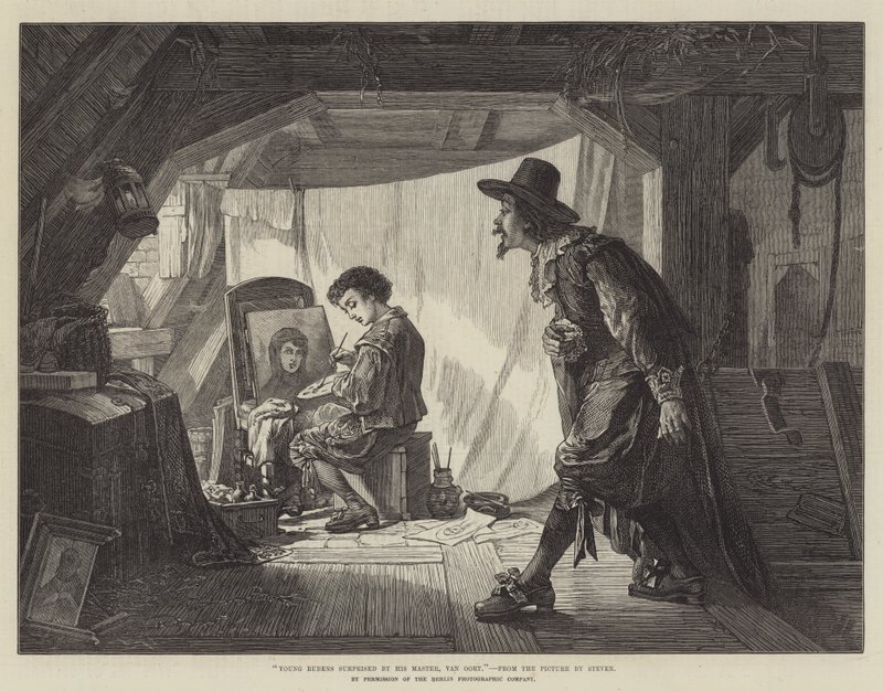 Der junge Rubens überrascht von seinem Meister, Van Oort (Stich) von English School