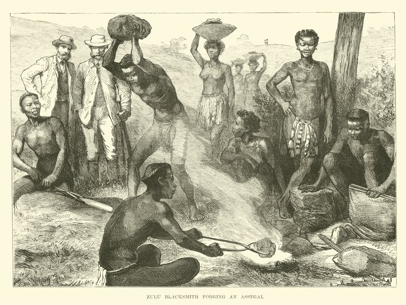 Zulu-Schmied schmiedet ein Assegai von English School