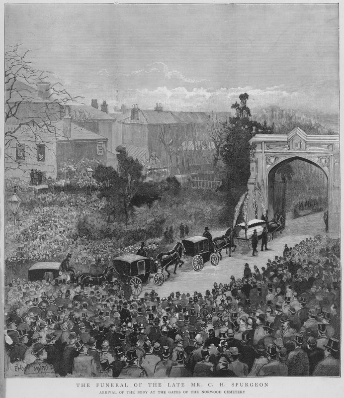 Trauerzug, der den Leichnam des englischen Baptistenpredigers Charles Haddon Spurgeon zum Norwood Cemetery in London bringt von Enoch Ward