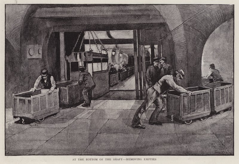 Leere Kohlenwagen am Boden eines Minenschachts entfernen von Enoch Ward