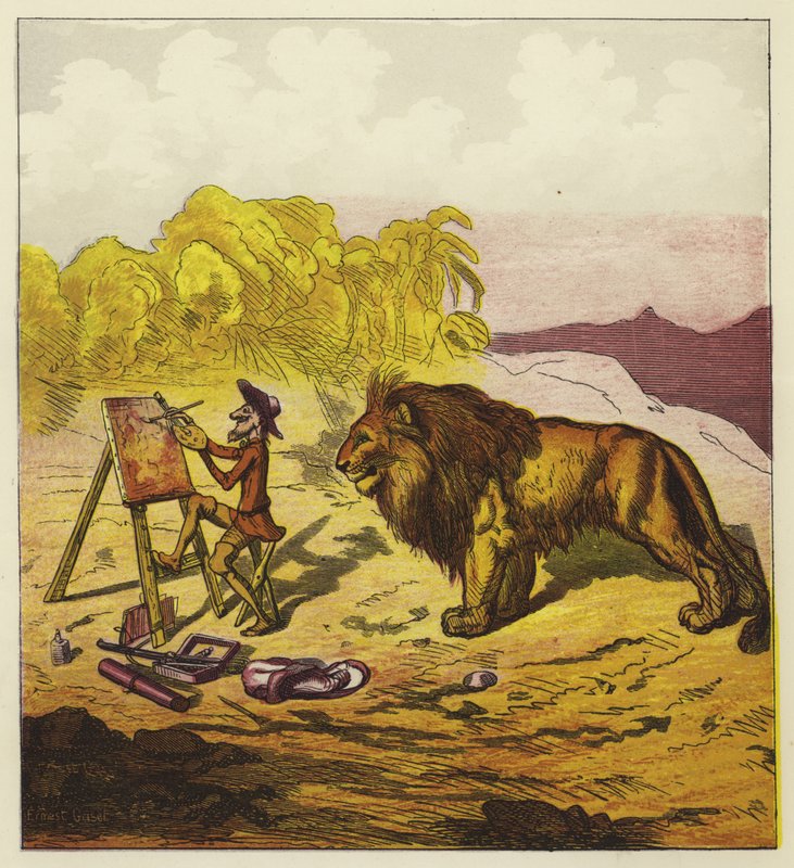 John Bold von einem Löwen überrascht beim Malen von Ernest Henry Griset